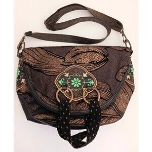 Desigual Foldover Lg Crossbody Bag Dk Brown Boho Embroidered